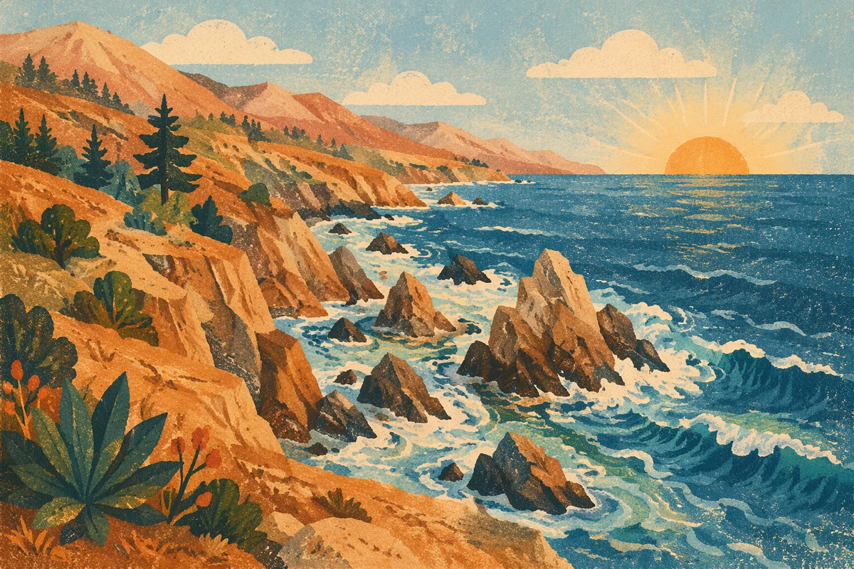 Sunrise Waves Along Evergreen Rocky Coast