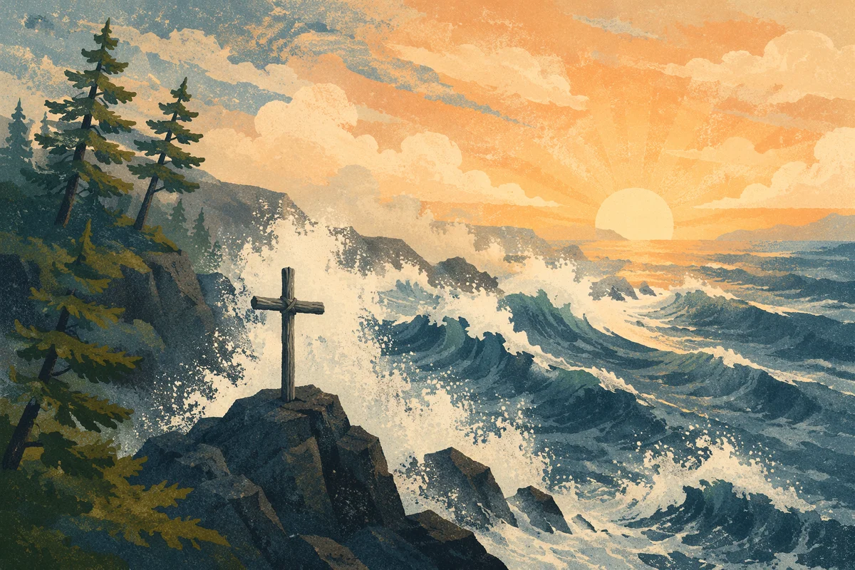 Driftwood Cross Above Sunrise Ocean Waves