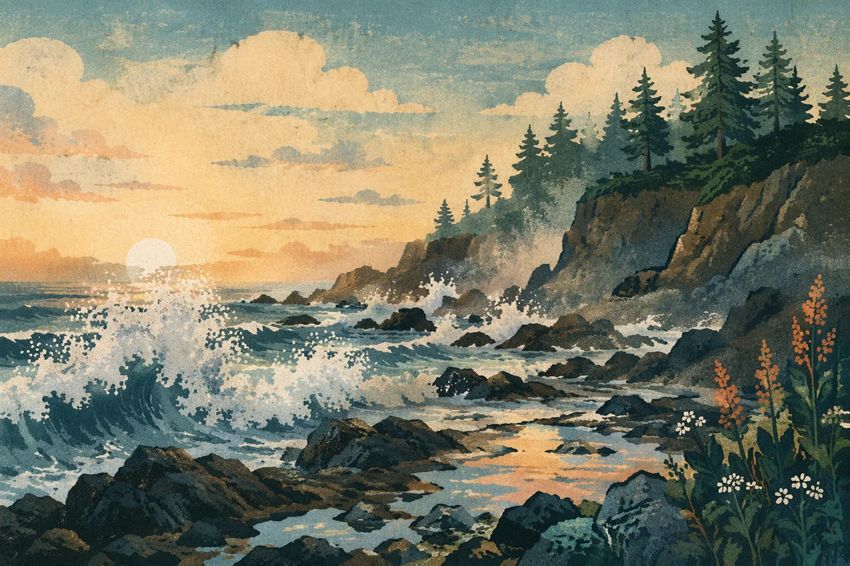 Sunrise Waves on Rocky Evergreen Coast