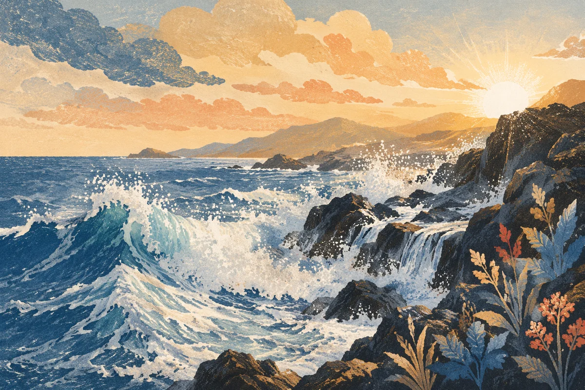 Sunrise Waves Over Volcanic Coastal Rocks
