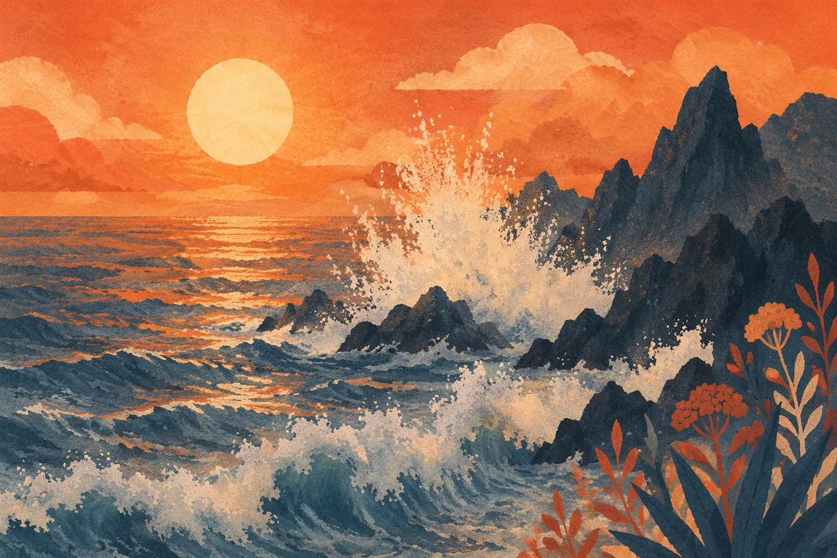 Sunrise Ocean Waves Against Volcanic Rocks