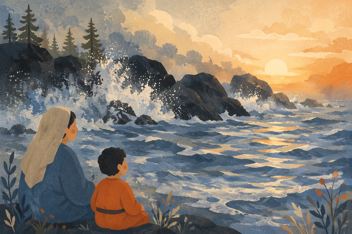 Evergreen Coastal Sunrise Over Crashing Waves