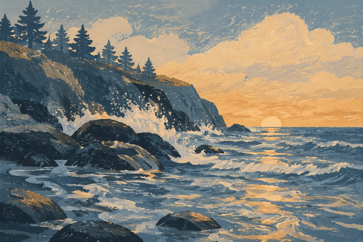 Sunrise Waves on Evergreen Rocky Shore