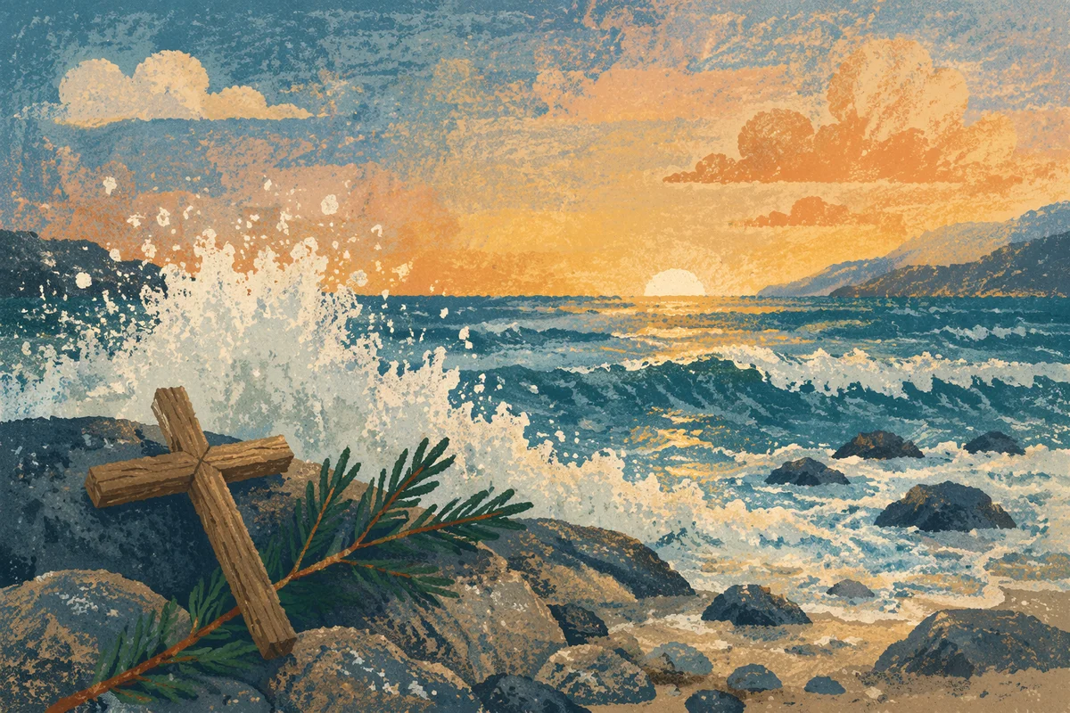 Coastal Sunrise Cross with Crashing Waves