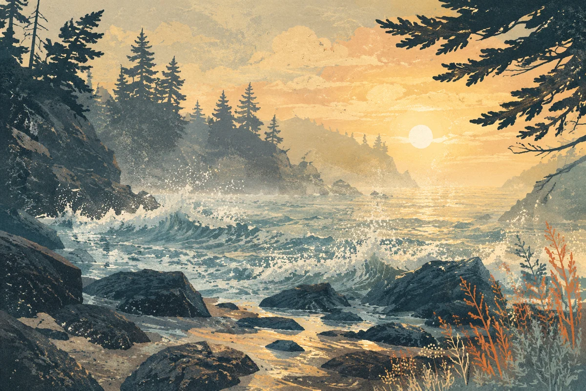 Evergreen Pines Over Crashing Sunrise Waves