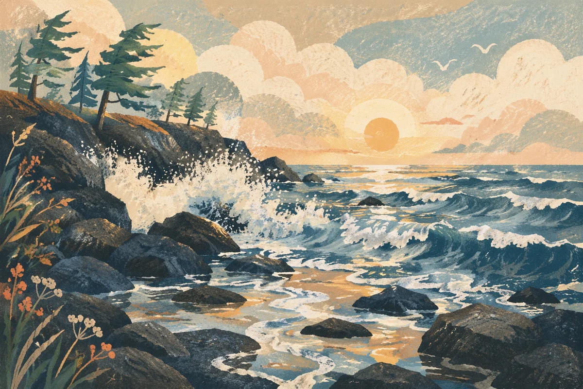 Evergreen Cliffs at Ocean Sunrise