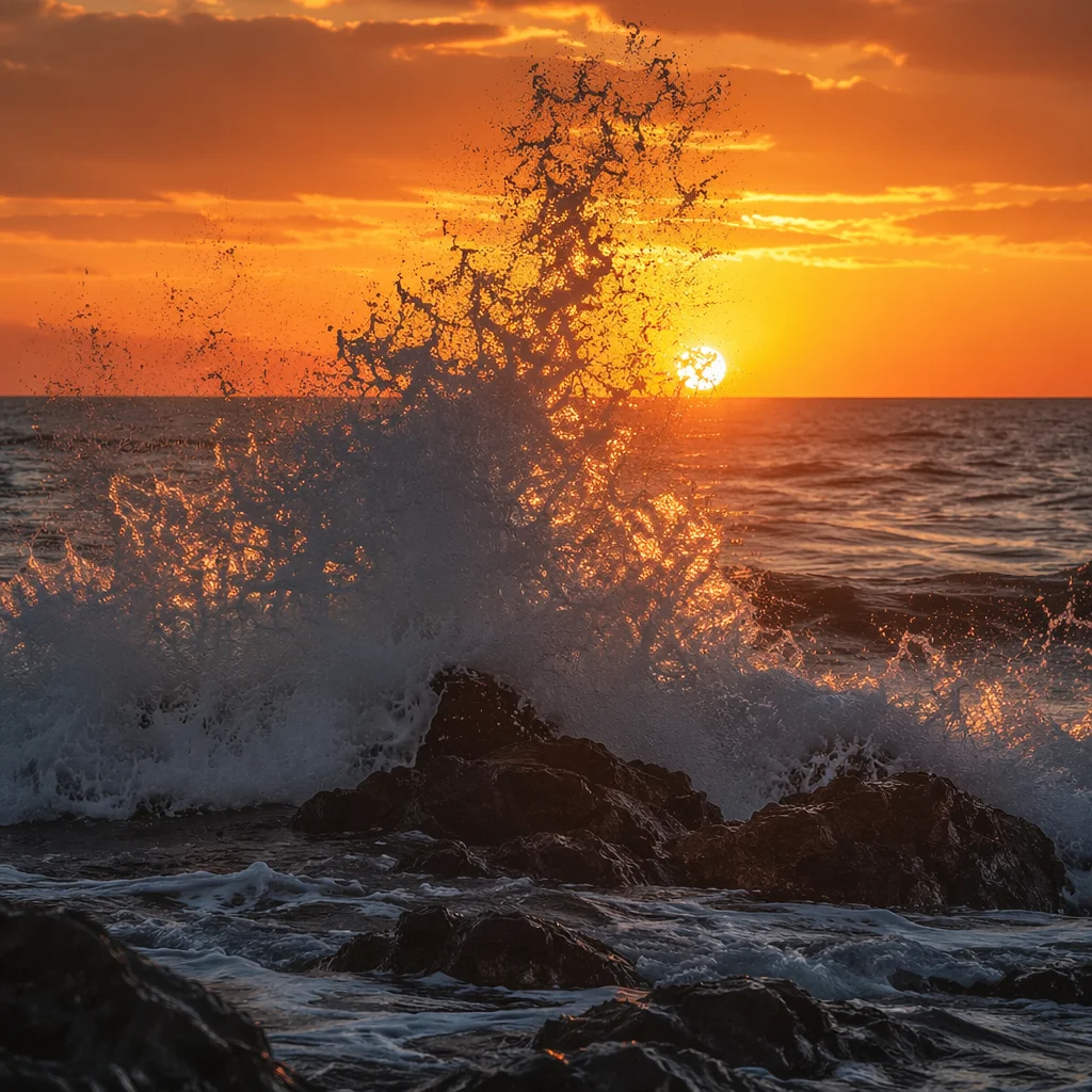 Sunrise Waves Crashing on Dark Coastal Rocks