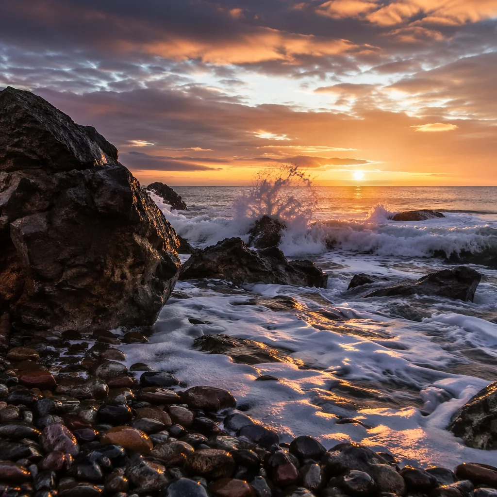 Sunrise Waves Crashing on Rocky Shore
