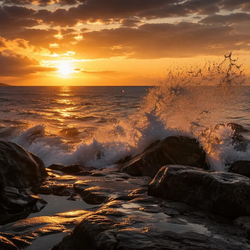 Sunrise Waves Crashing on Rocky Shore