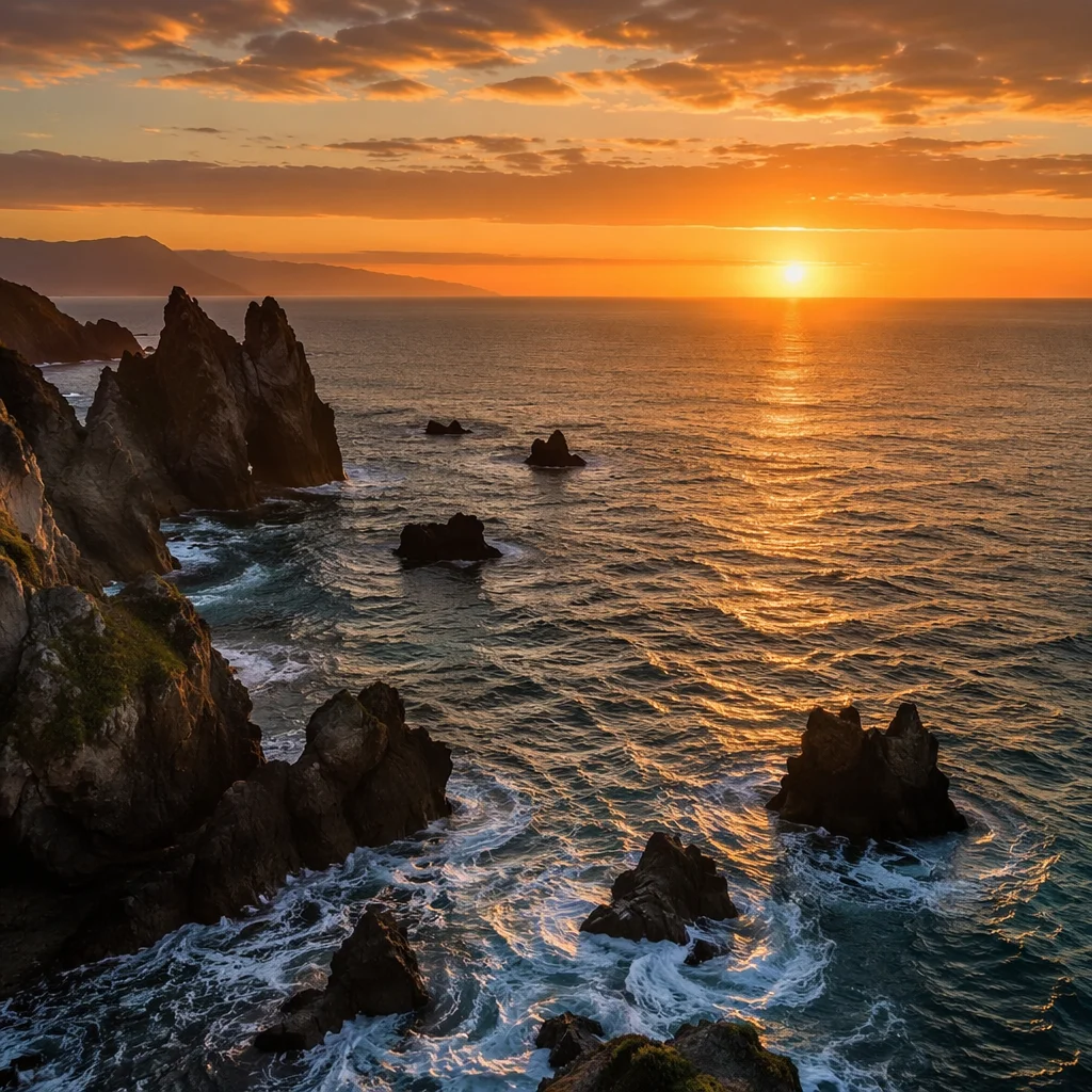 Sunrise Waves Over Volcanic Coastal Rocks