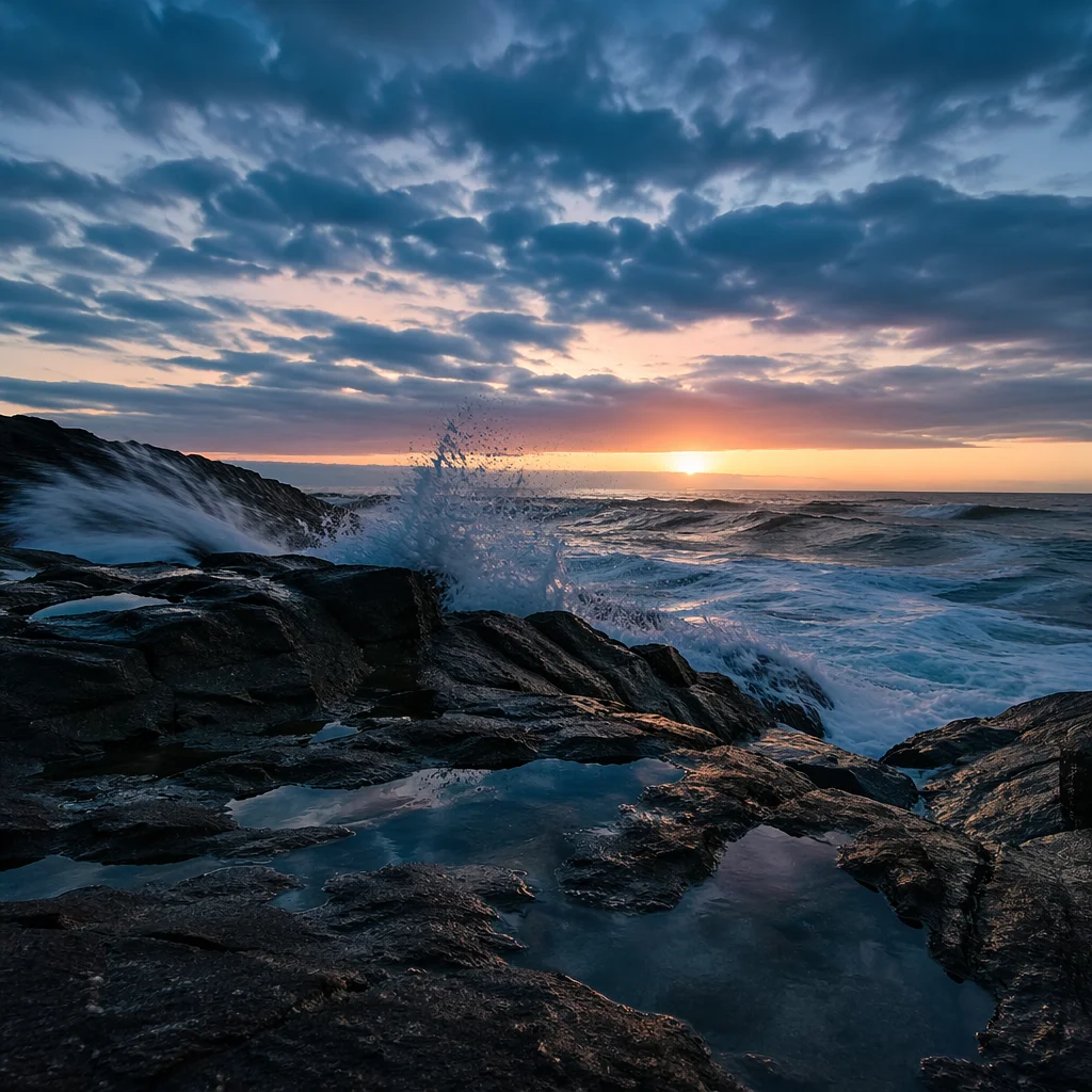 Sunrise Waves Crashing on Rocky Shoreline