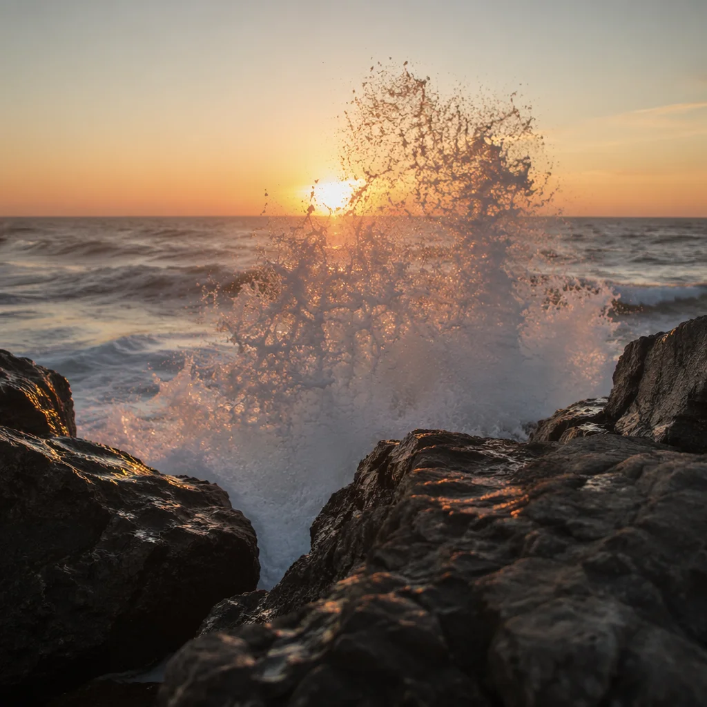 Sunrise Waves Crashing on Rugged Coastal Rocks