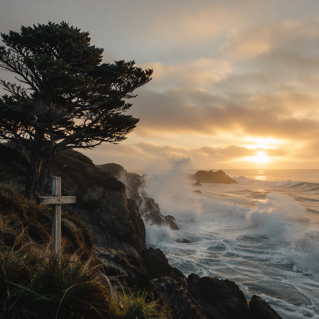 Evergreen Cross Beside Sunrise Ocean Waves