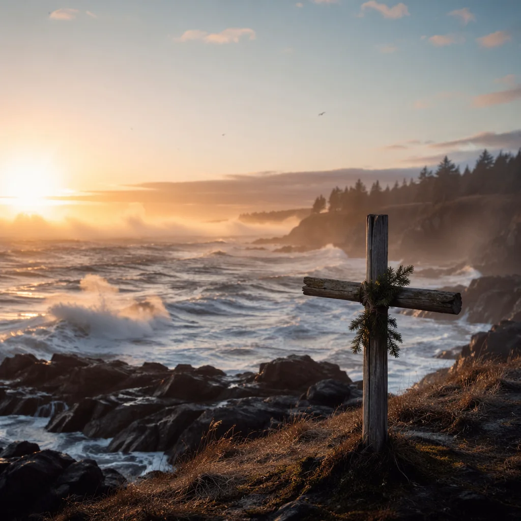 Driftwood Cross at Stormy Sunrise Coast