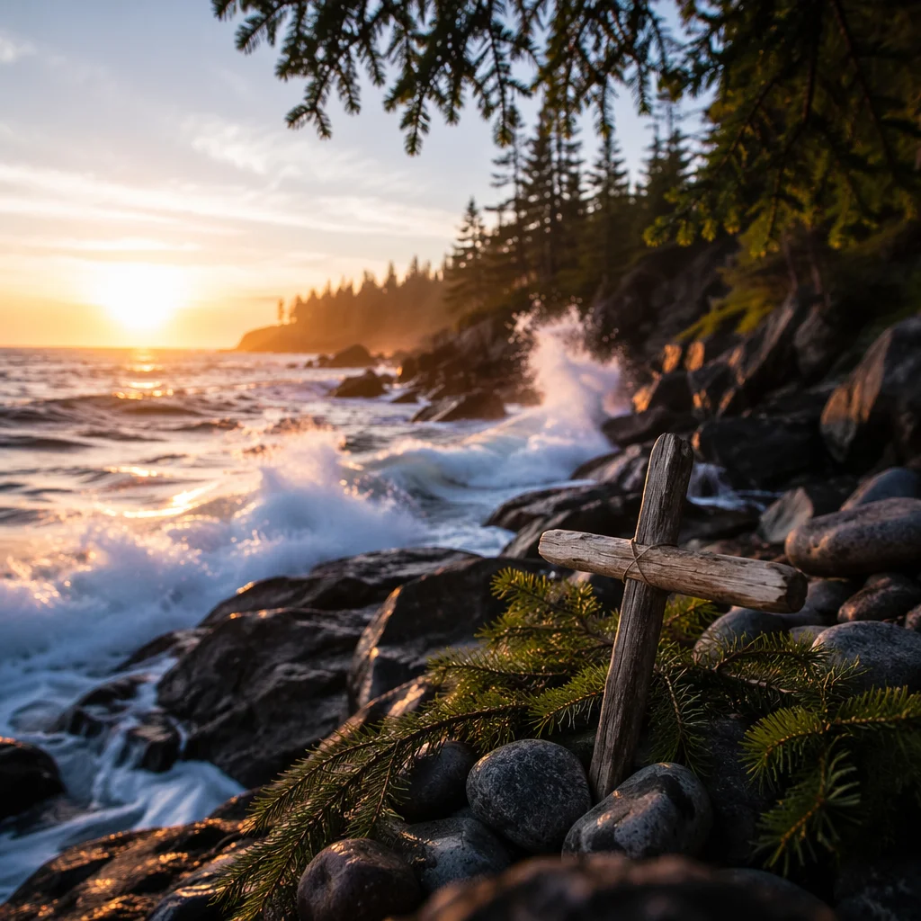 Driftwood Cross by Sunrise Ocean Waves