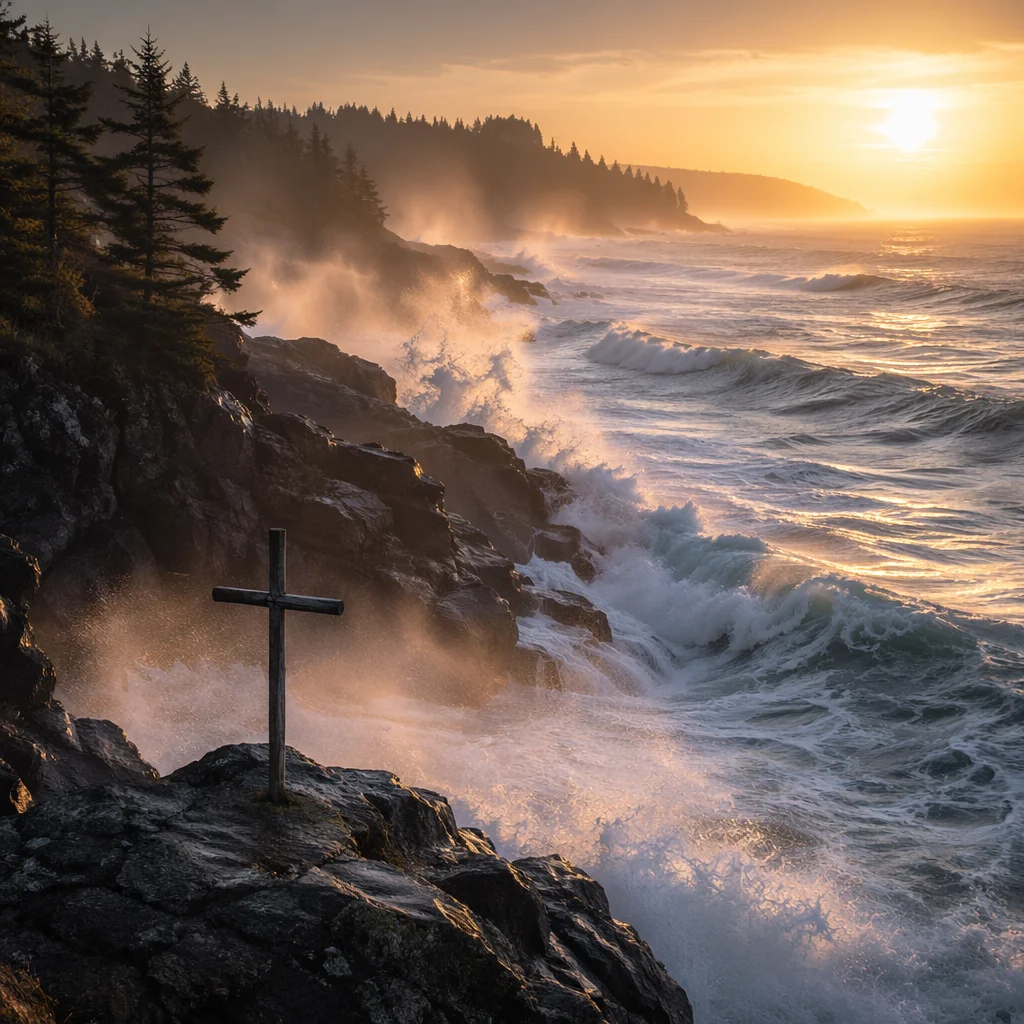 Driftwood Cross Above Stormy Sunrise Waves