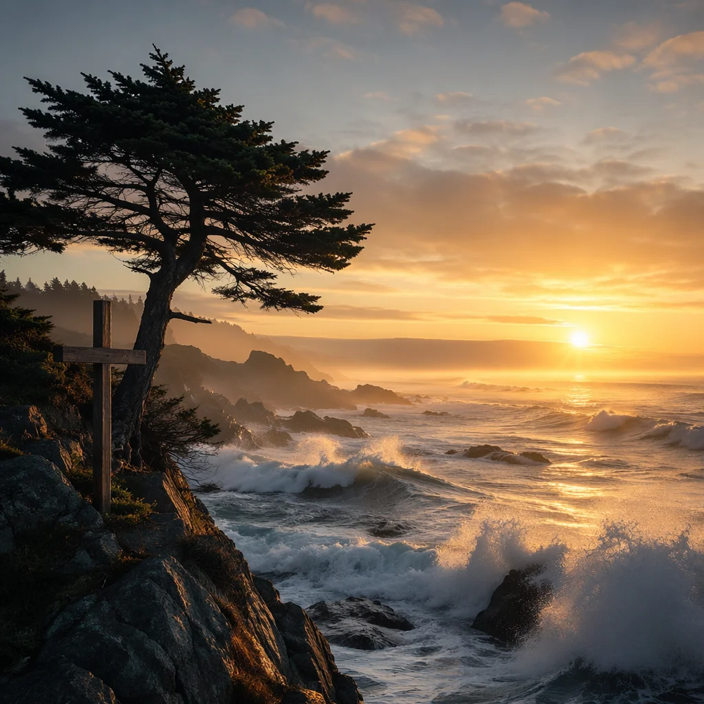 Evergreen Cross at Stormy Coastal Sunrise