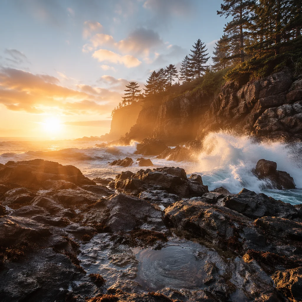 Sunrise Waves Crashing Beneath Evergreen Cliffs