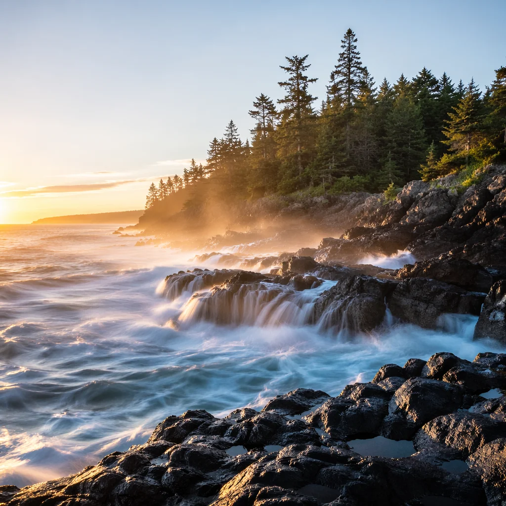 Sunrise Waves Crashing on Evergreen Shore