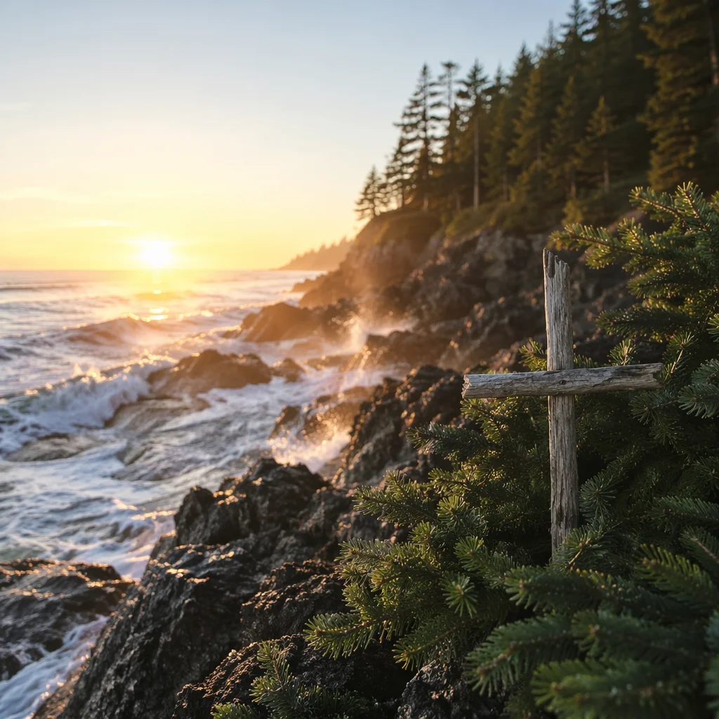 Driftwood Cross by Sunrise Ocean Waves