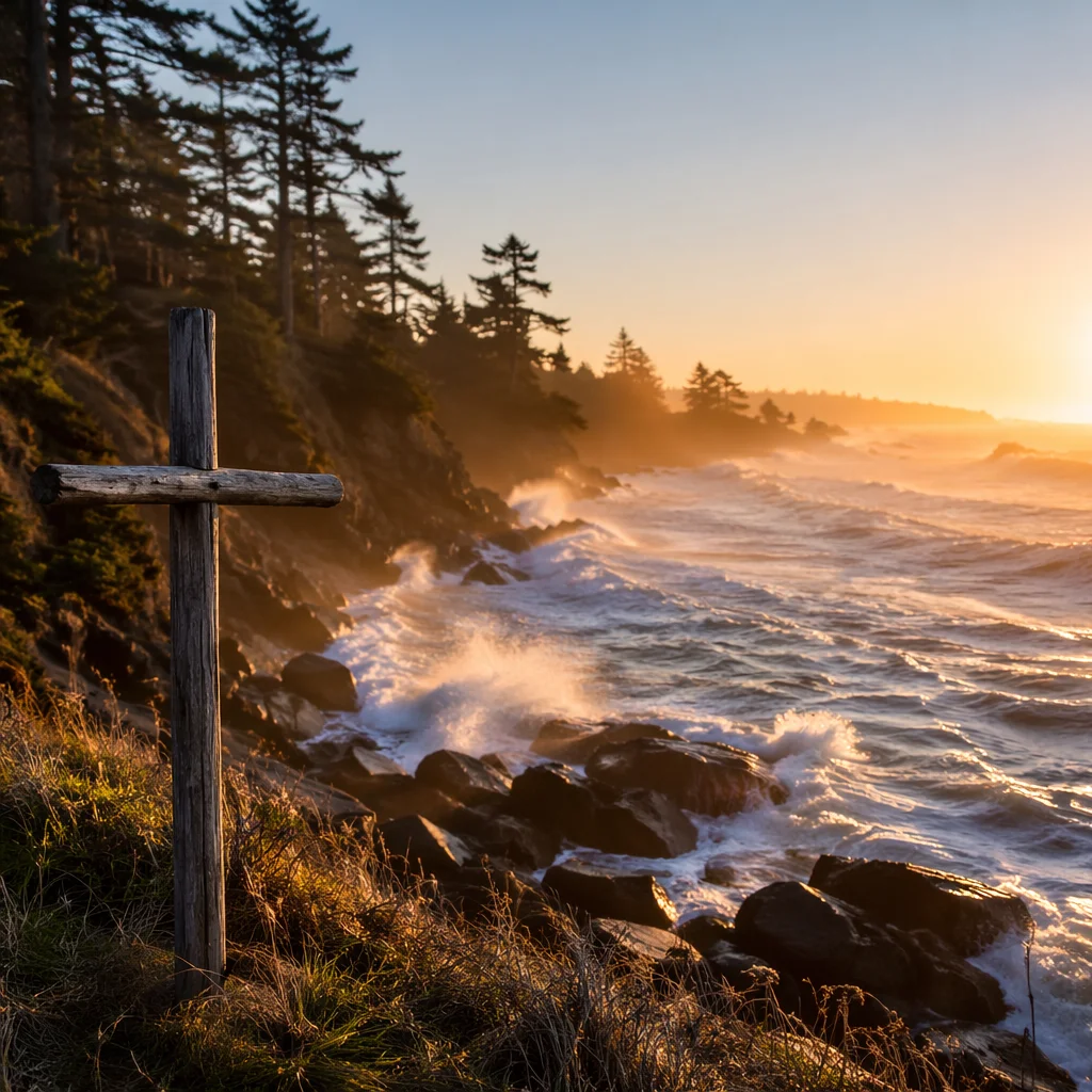 Driftwood Cross by Stormy Sunrise Waves