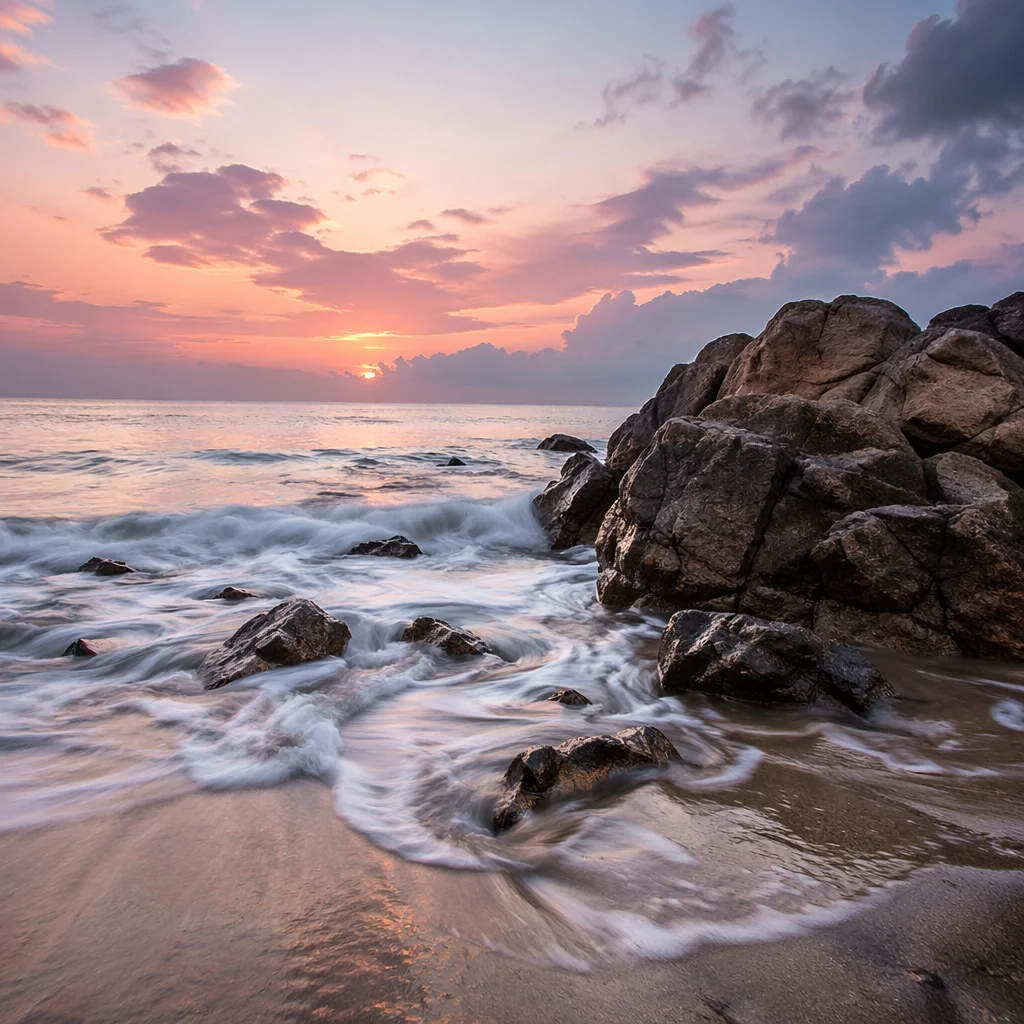 Sunrise Waves on Peaceful Rocky Shore