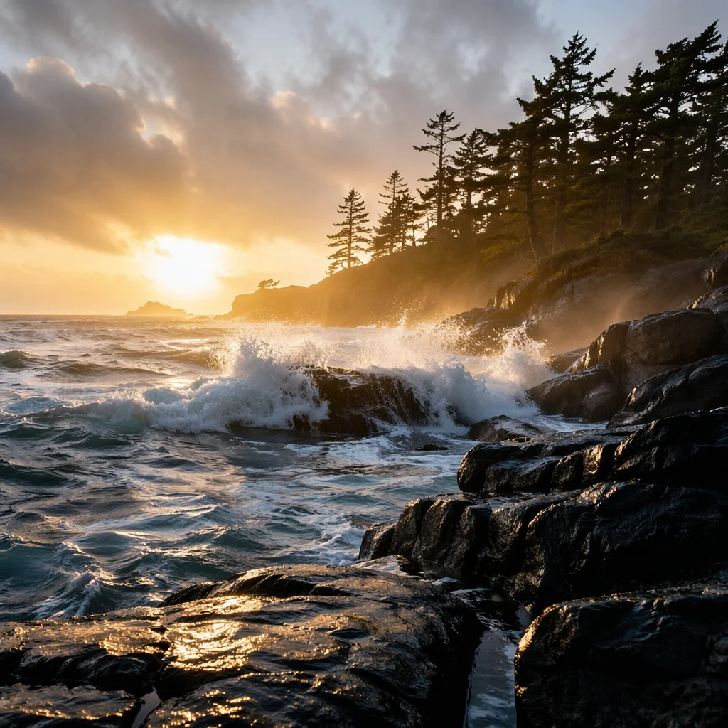 Evergreen Coast Sunrise with Crashing Waves