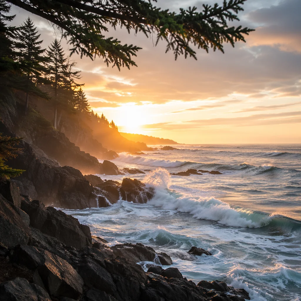Evergreen Cliffs at Ocean Sunrise