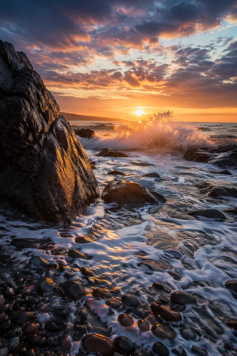 Ocean Waves Crashing on Rocks at Sunrise