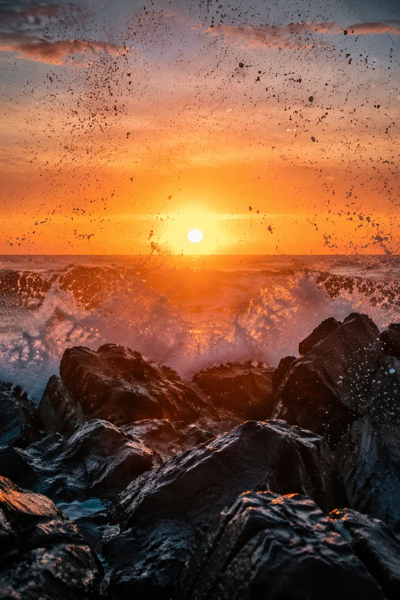 Sunrise Waves Crashing Over Coastal Rocks