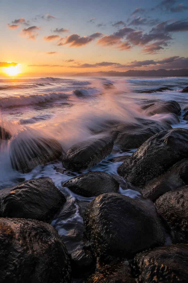 Sunrise Waves Crashing Over Rocky Shoreline