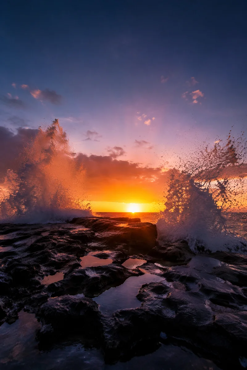 Sunrise Waves Crashing Over Coastal Rocks