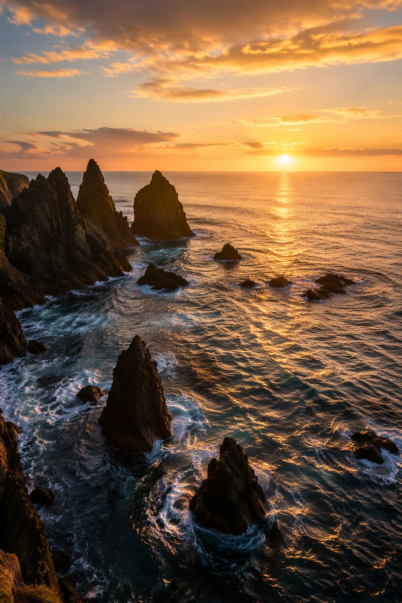 Sunrise Waves Over Volcanic Coastal Rocks