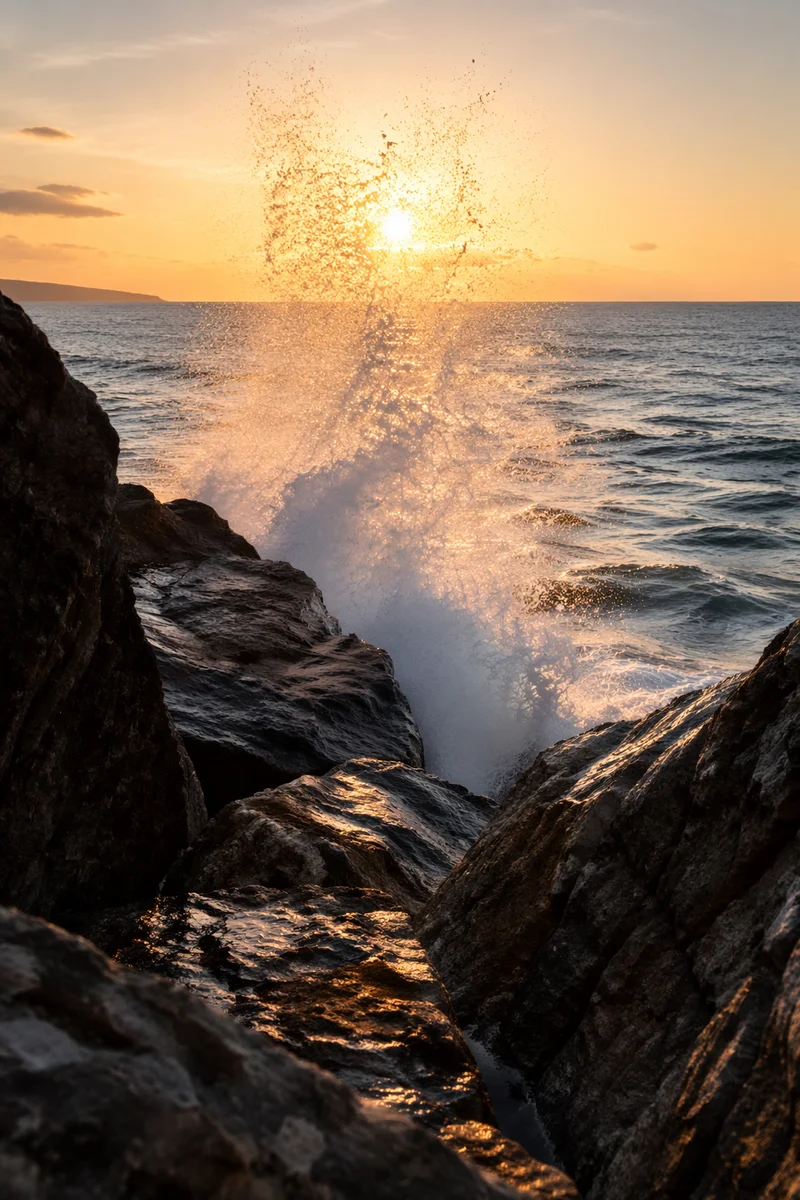 Sunrise Waves Crashing on Rugged Coastal Rocks