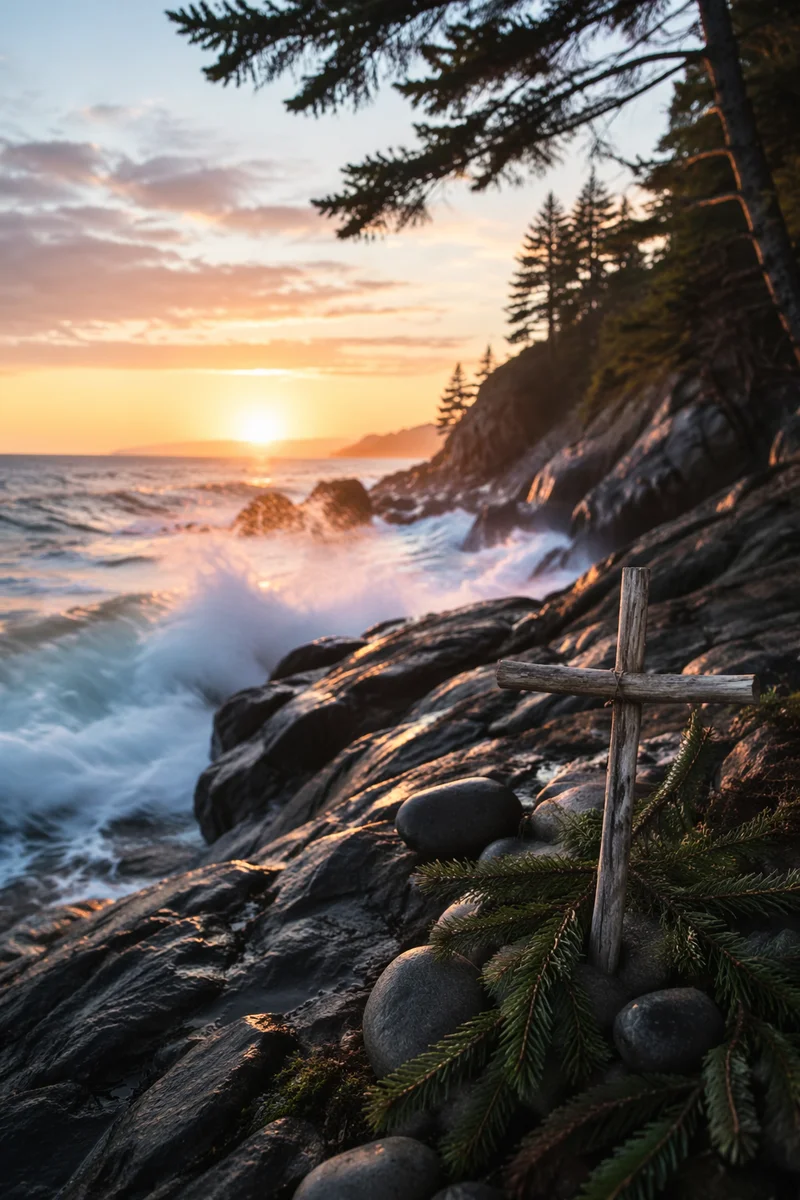 Driftwood Cross by Sunrise Ocean Waves