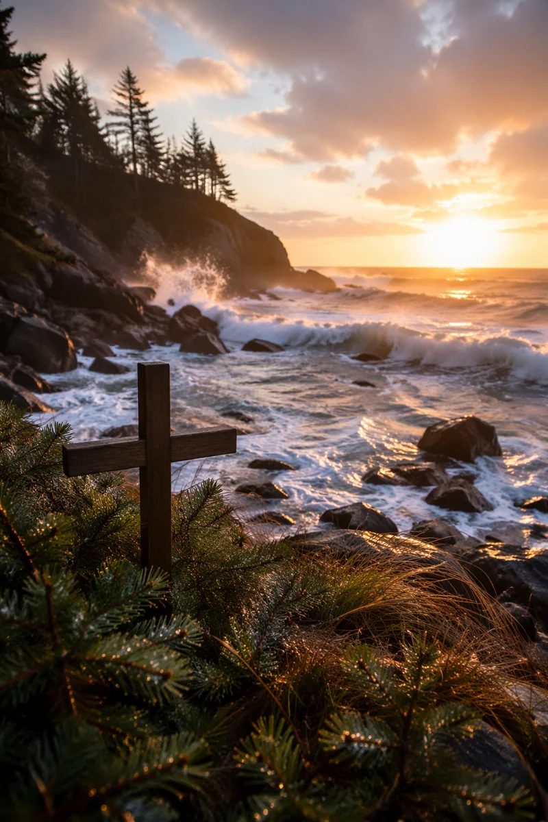Wooden Cross by Stormy Sunrise Waves
