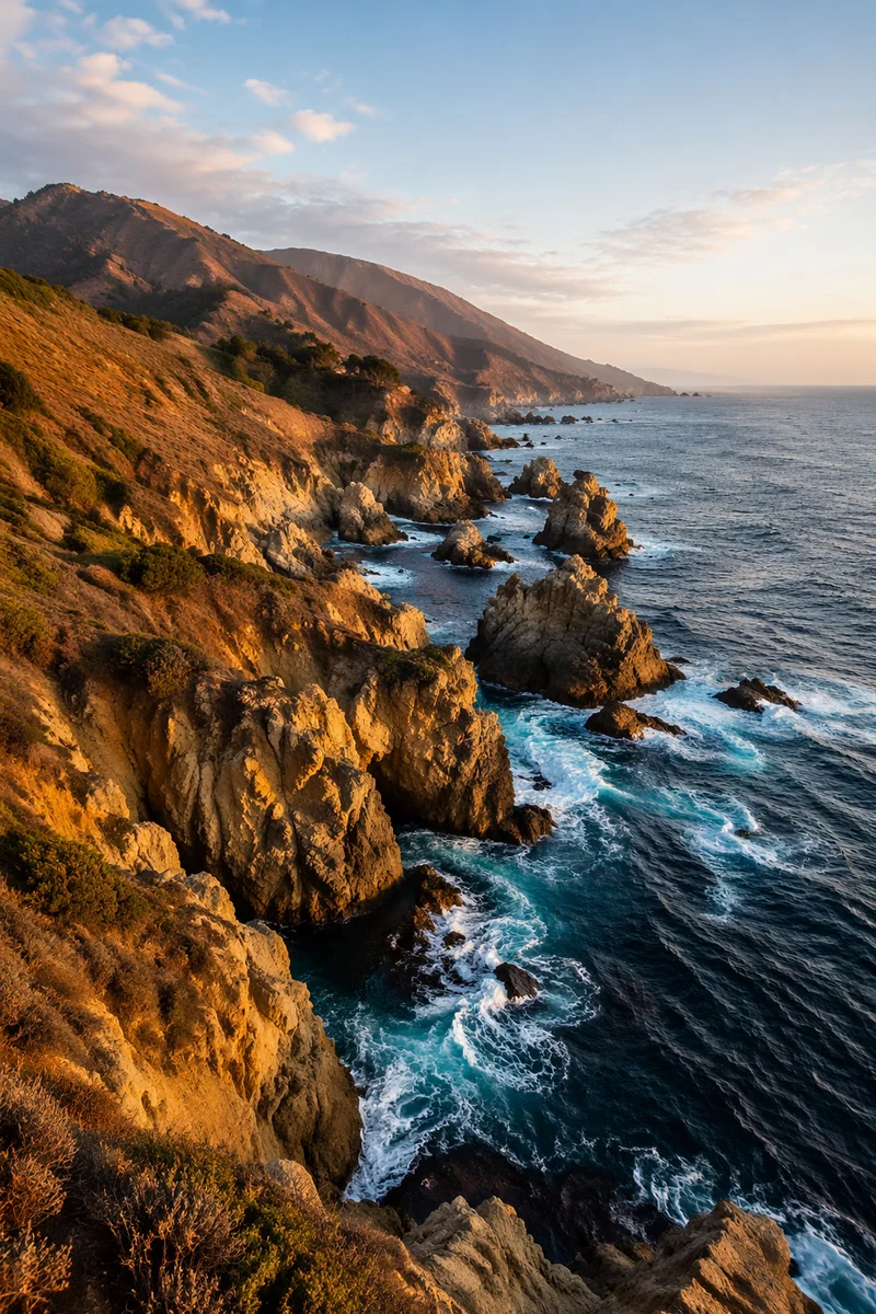 Sunrise Waves Over Rugged Evergreen Coast