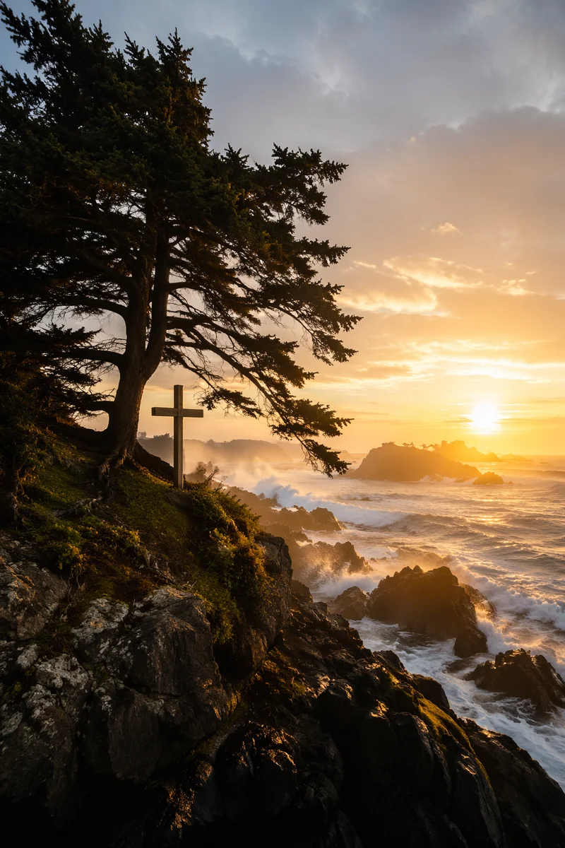 Evergreen Cross Above Sunrise Ocean Waves