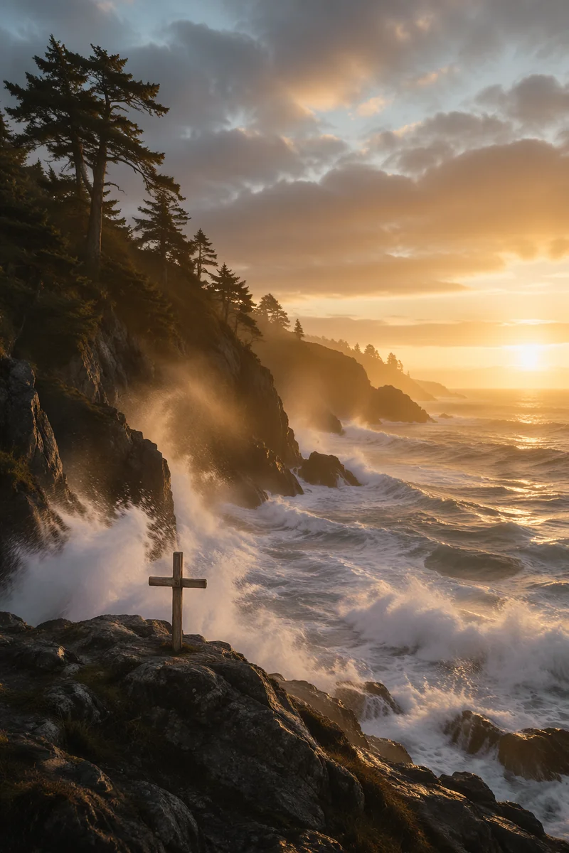 Driftwood Cross Above Stormy Sunrise Waves