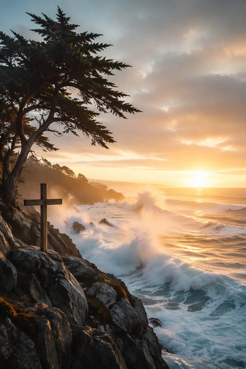 Evergreen Cross Above Stormy Sunrise Waves
