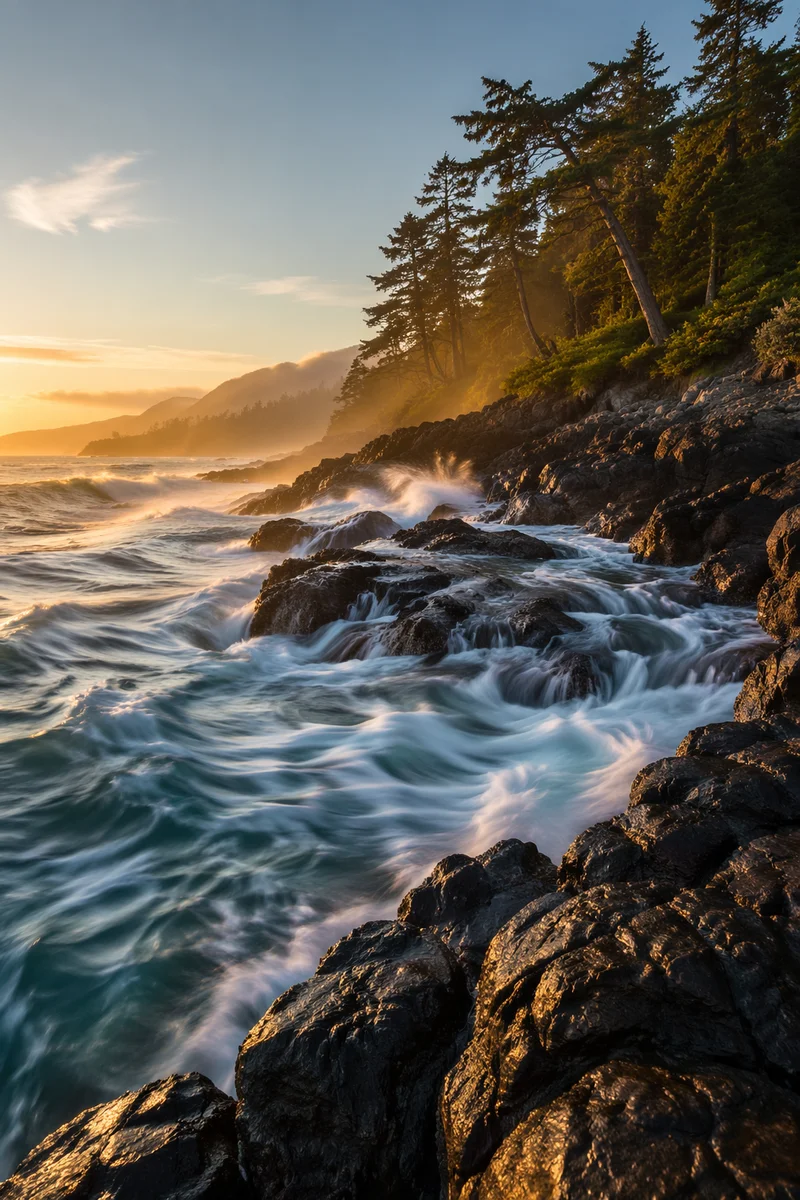 Sunrise Waves Crashing Beneath Evergreen Cliffs
