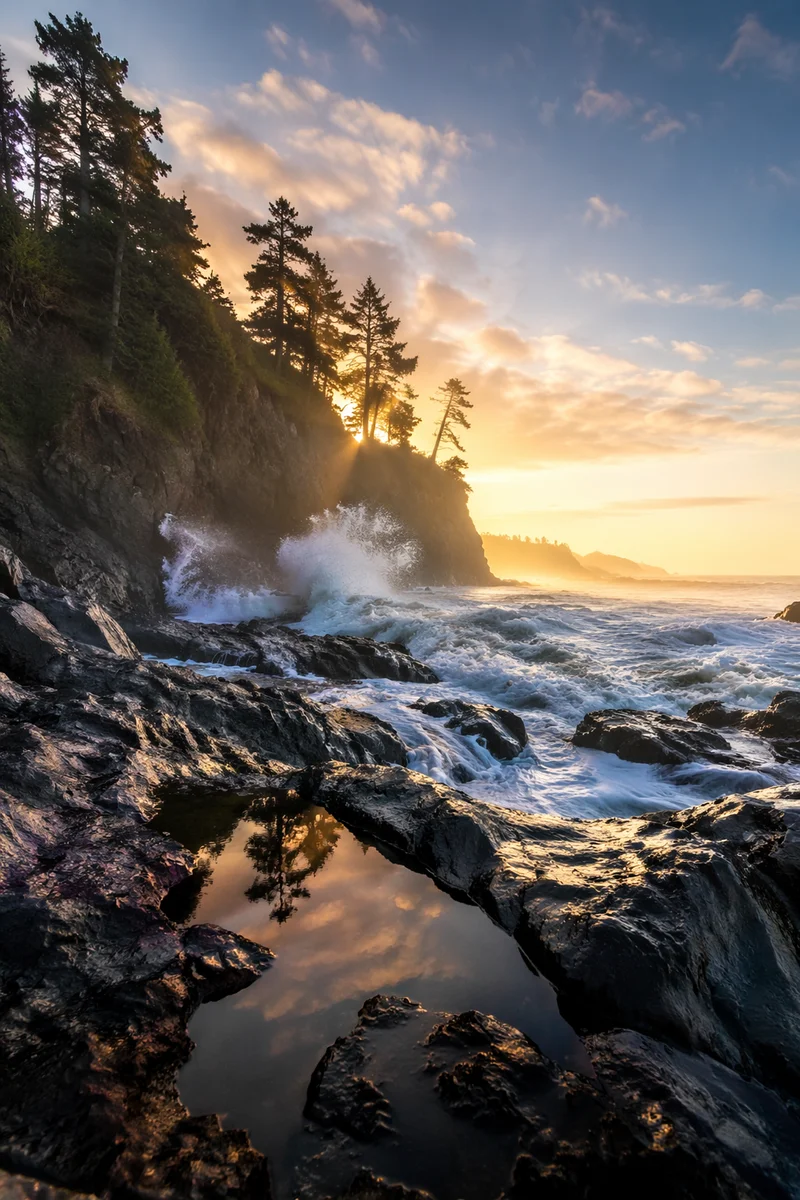Sunrise Waves on Rocky Evergreen Coast