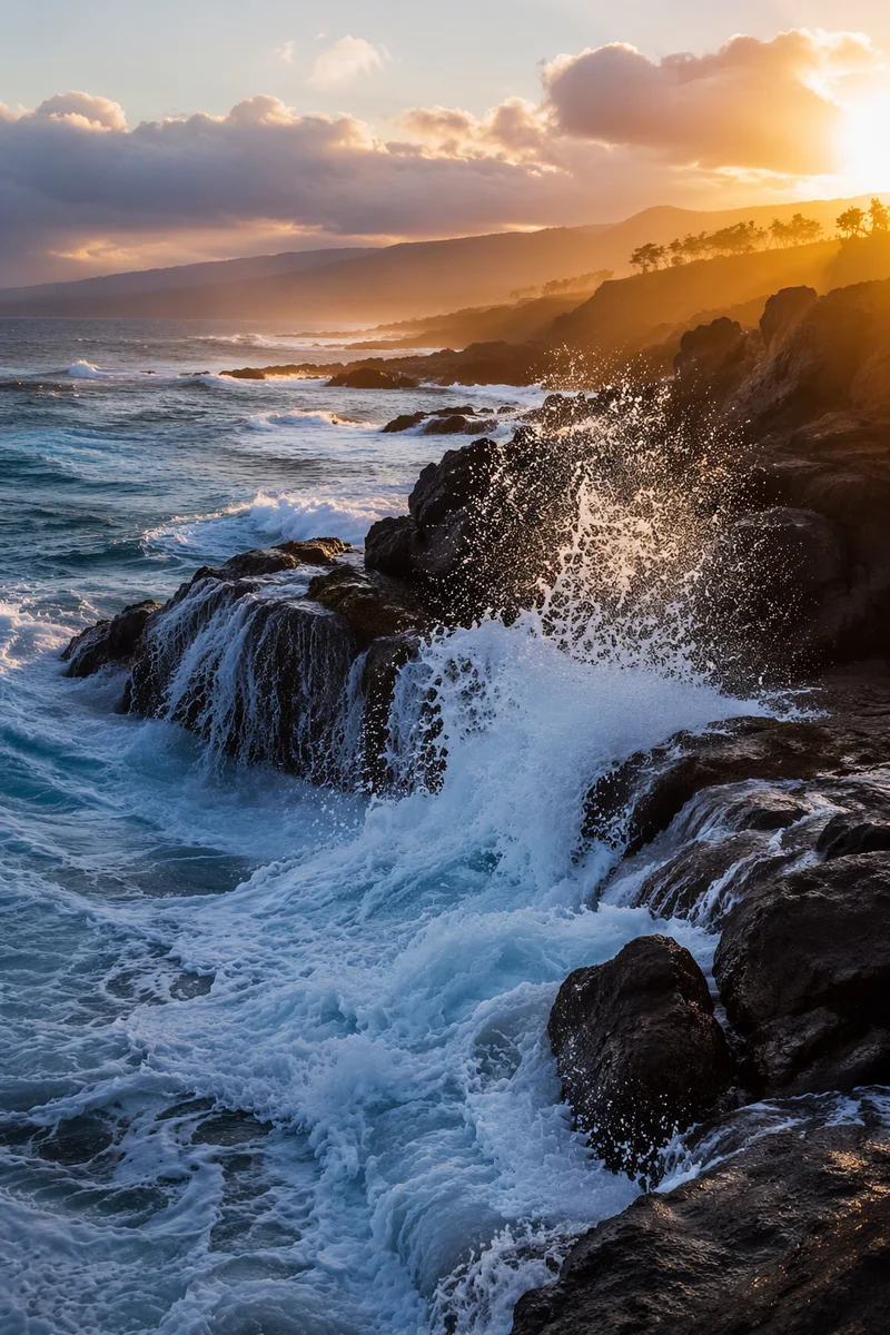 Sunrise Ocean Waves on Volcanic Rocks