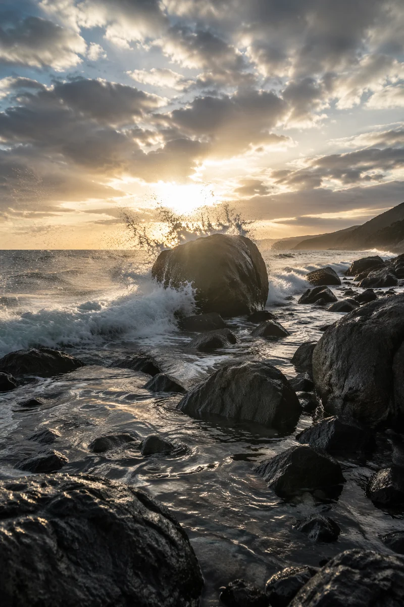 Sunrise Waves Crashing on Volcanic Rocks