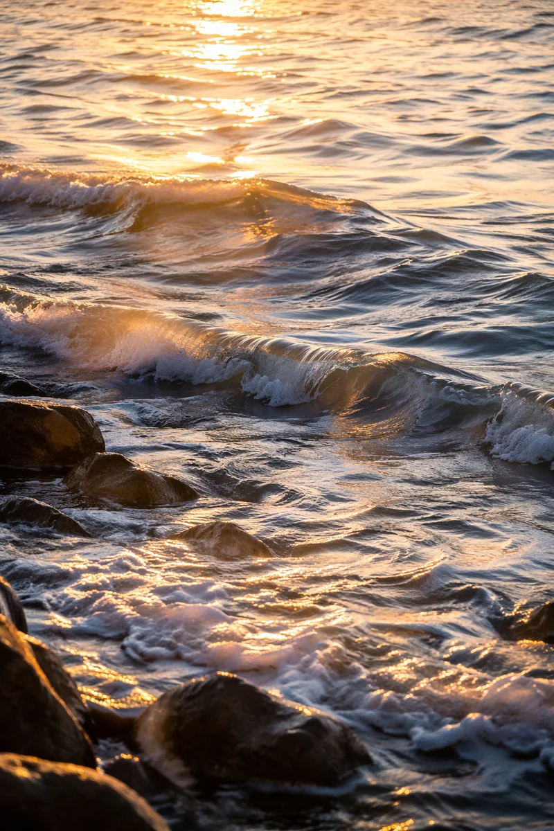 Golden Sunrise Waves Over Rocky Shore