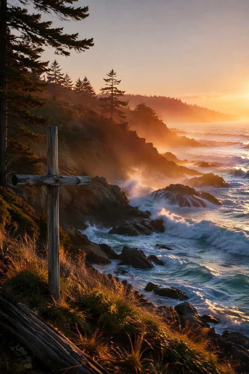 Driftwood Cross by Stormy Sunrise Waves