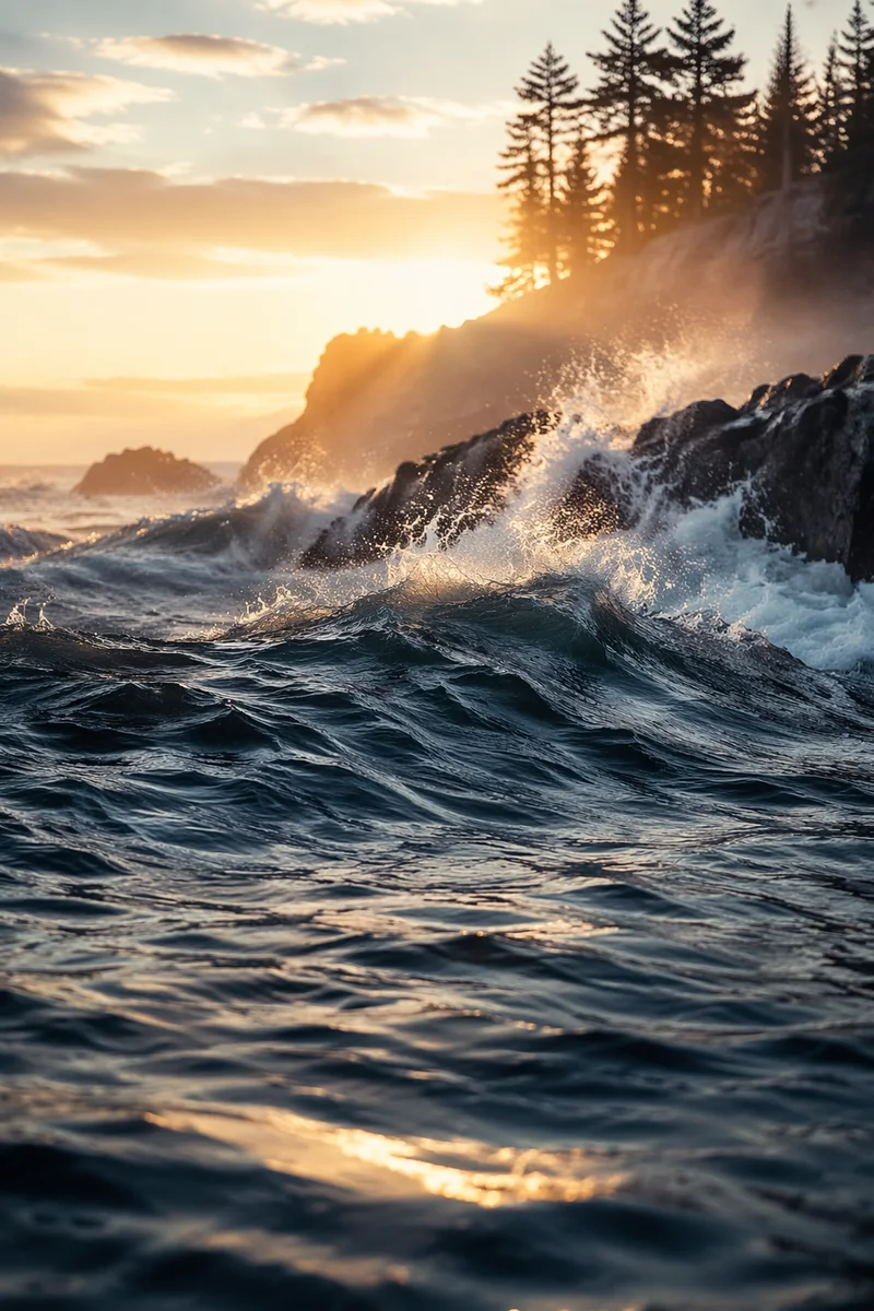 Sunrise Waves Crashing Against Evergreen Cliffs