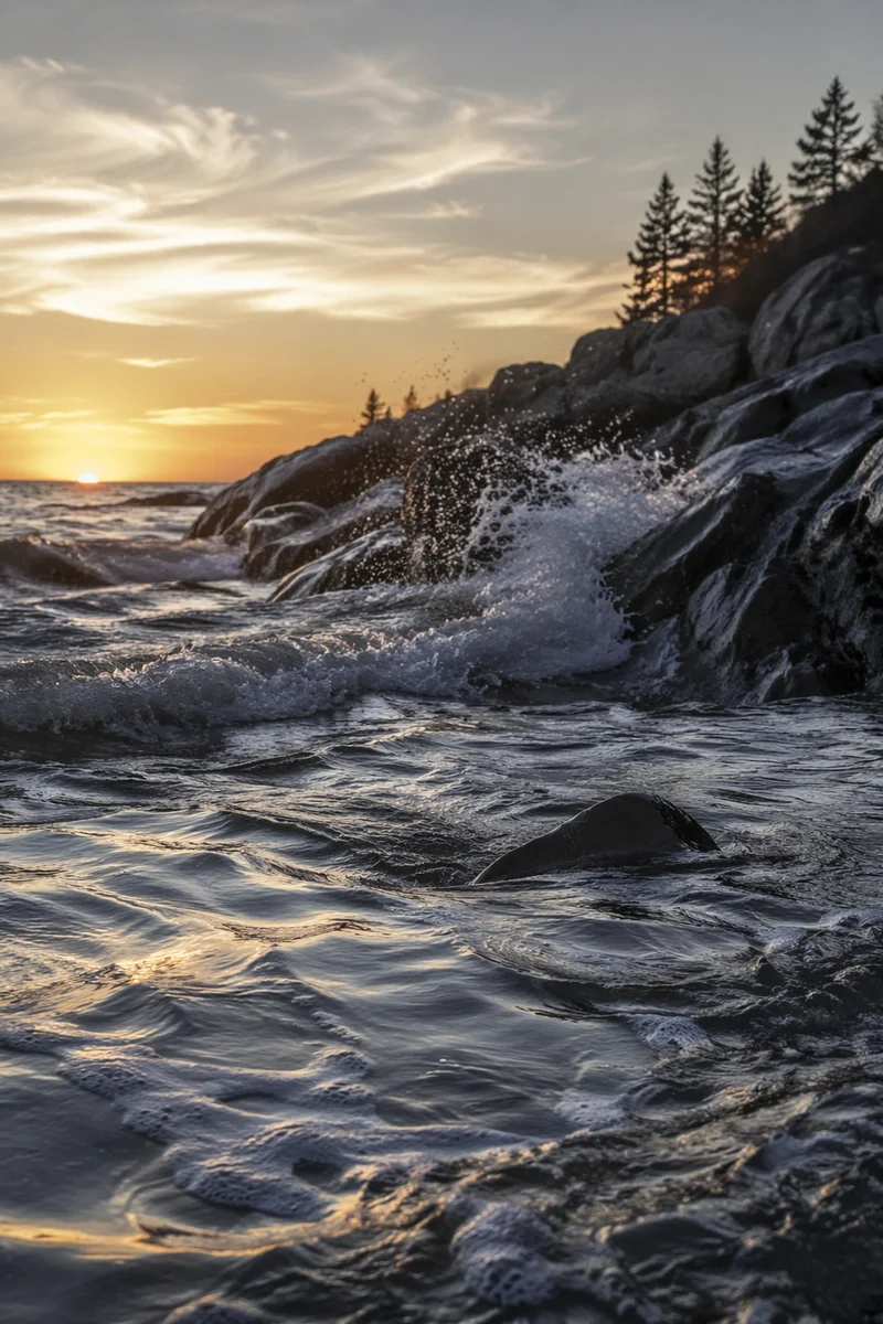 Sunrise Waves on Evergreen Rocky Shore