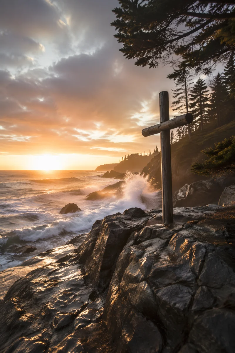 Driftwood Cross at Stormy Coastal Sunrise