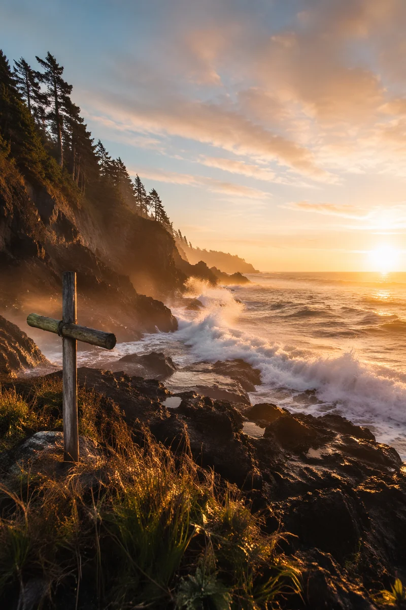Driftwood Cross by Sunrise Ocean Waves